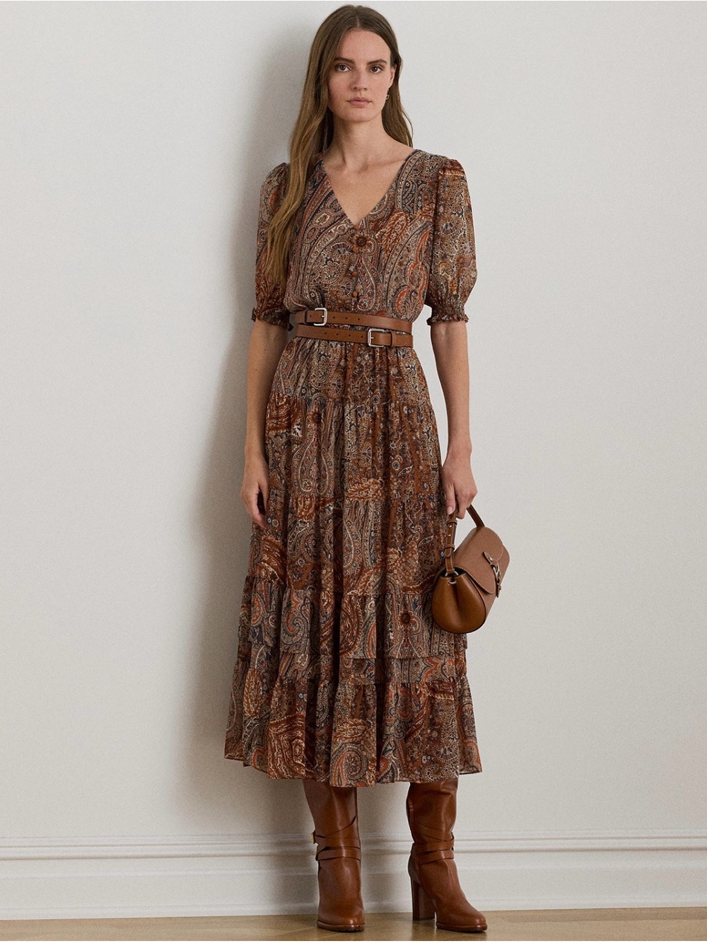 Ralph Lauren Brown Paisley Tiered Maxi Dress